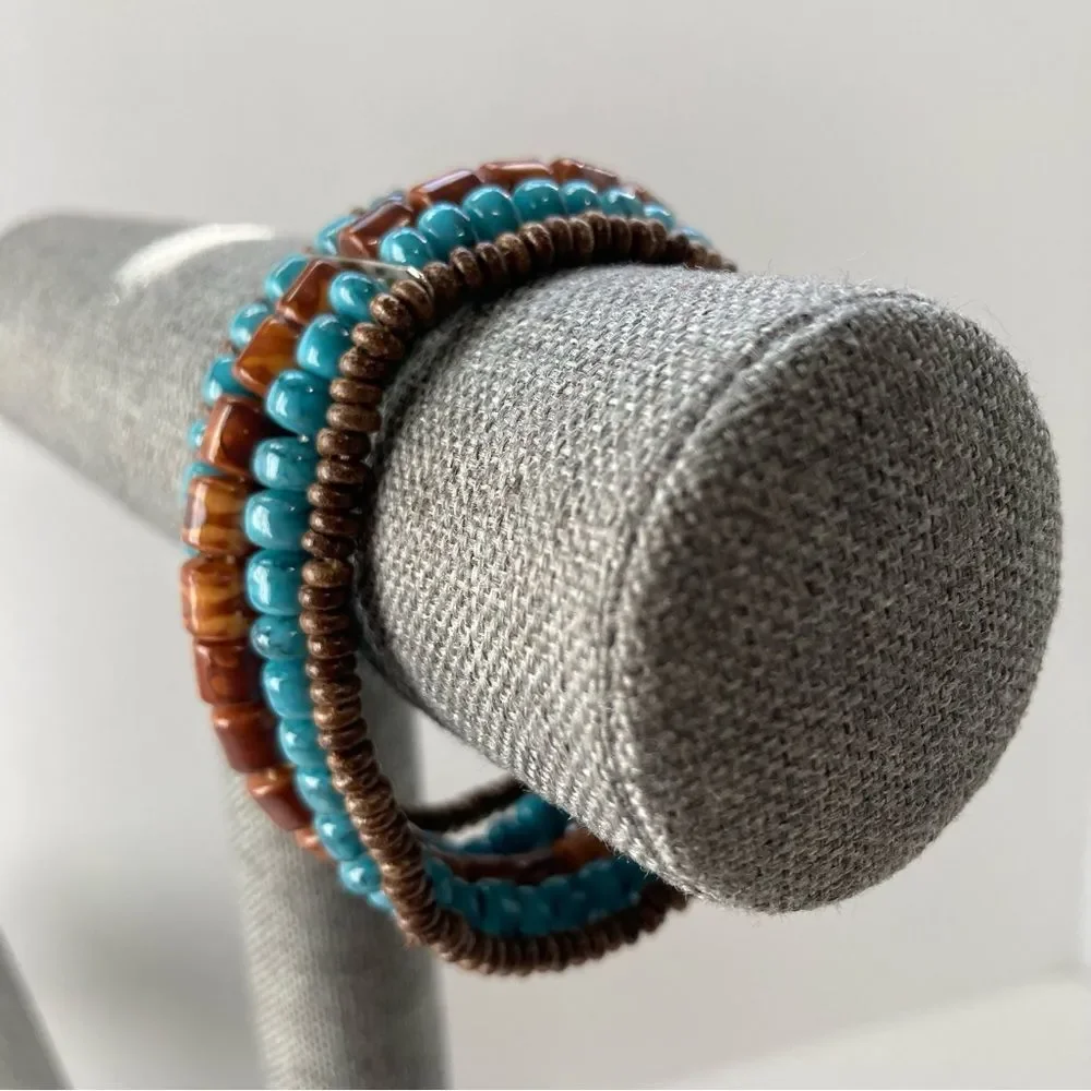 Indian Aztec Wooden Beaded Bracelet Teal Turquoise Brown Metal Stretch